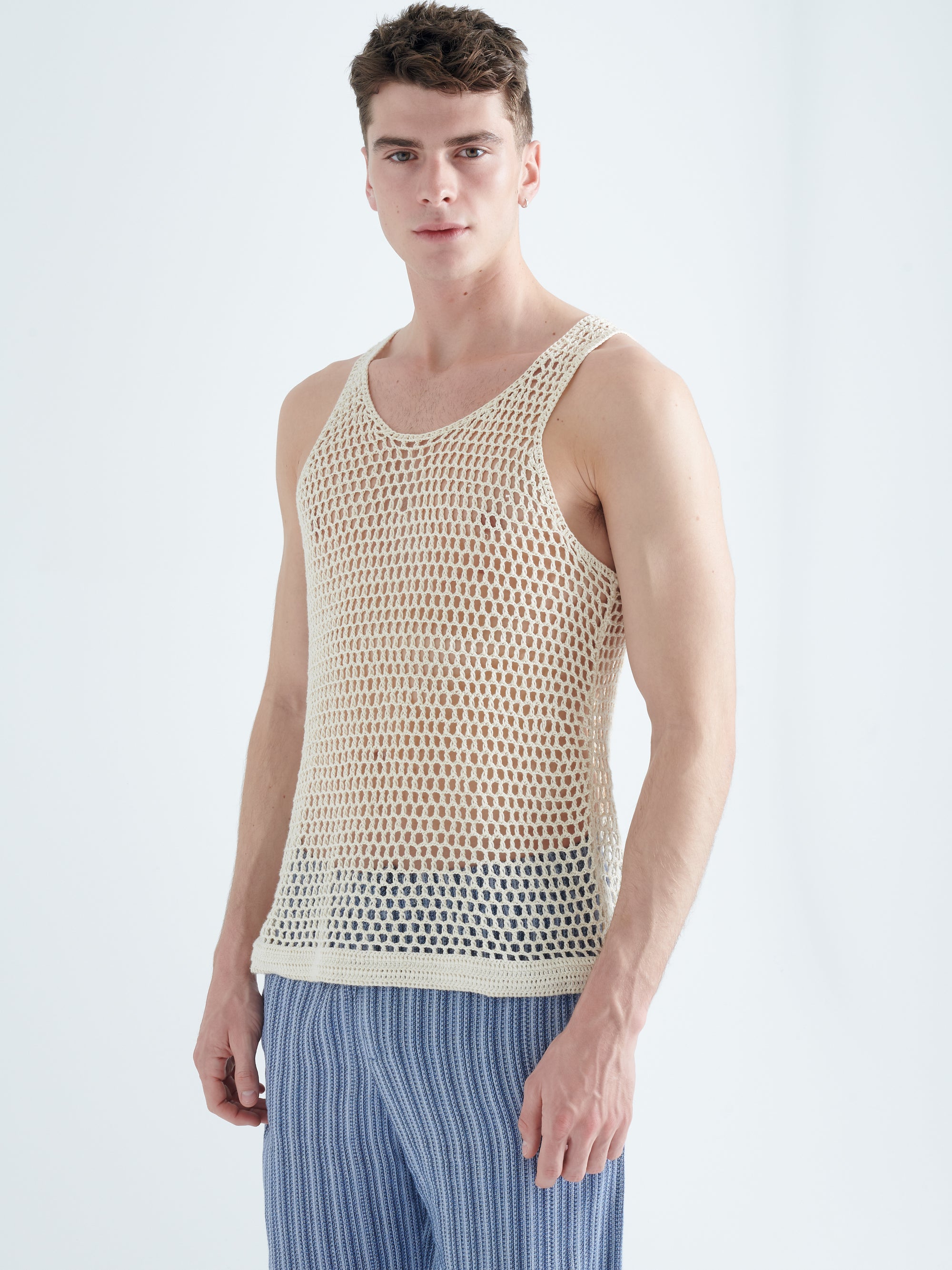 Crochet Knitted Cotton Tank Top in Off White