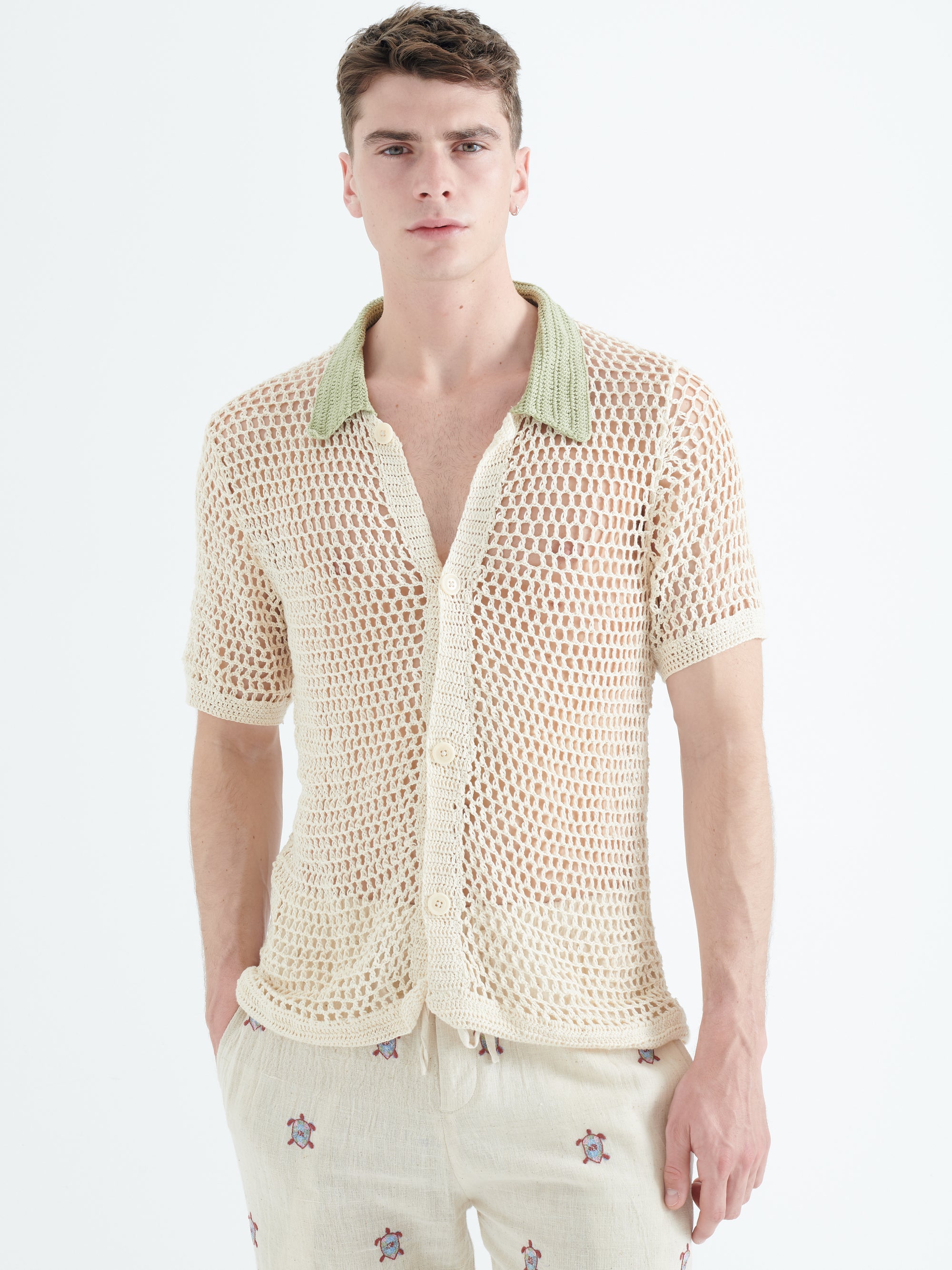 Crochet Knitted Cotton Shirt in Off White
