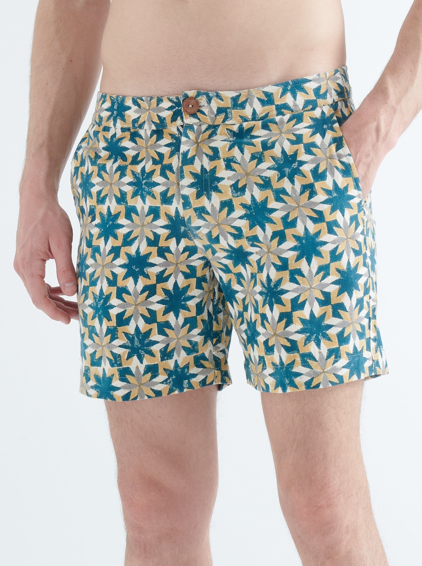 Pines Shorts in Cotton Waffle in Yellow and Green Block Print