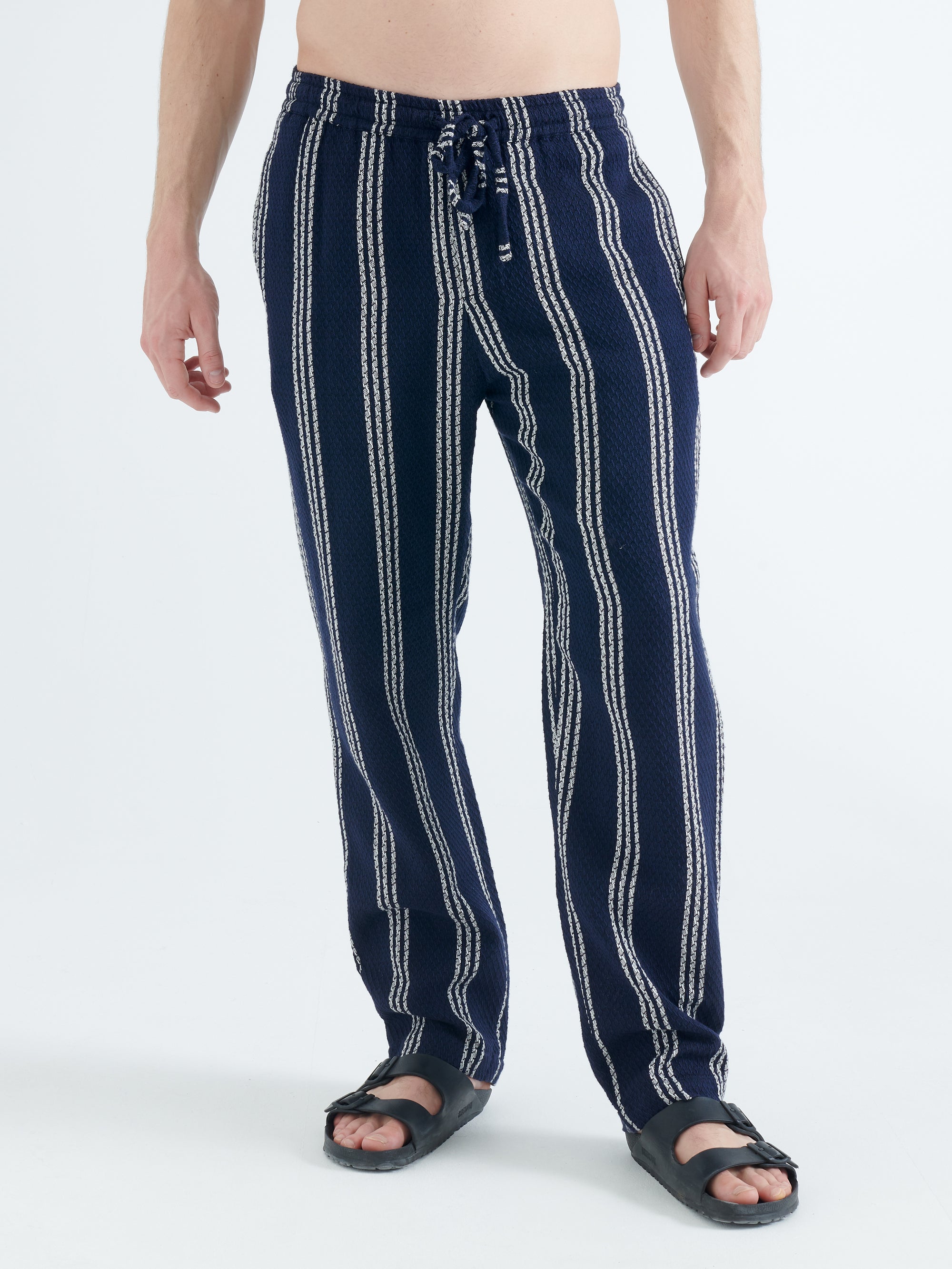 Malibu Cotton Waffle Trousers in Navy and White